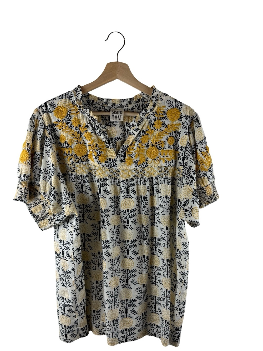 Sister Mary Blouse XL Cotton Floral Embroidered Short Sleeve Cottage Core Boho